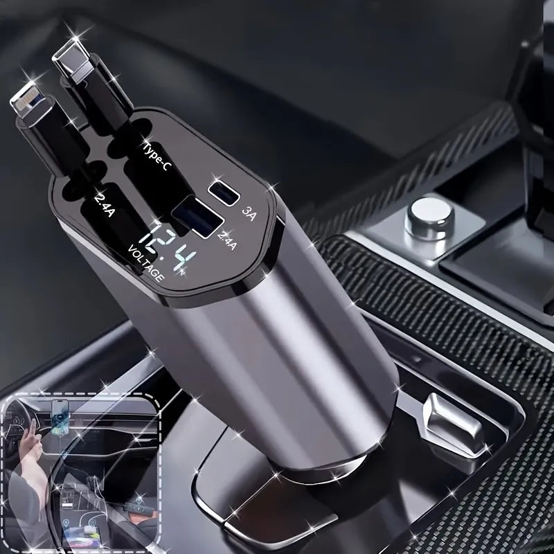 Retractable 4-in-1 Car Charger – Fast, Tidy & Travel-Ready