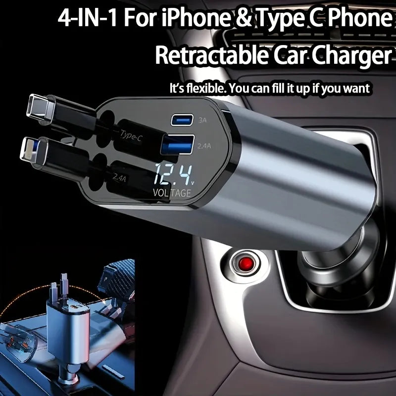 Retractable 4-in-1 Car Charger – Fast, Tidy & Travel-Ready
