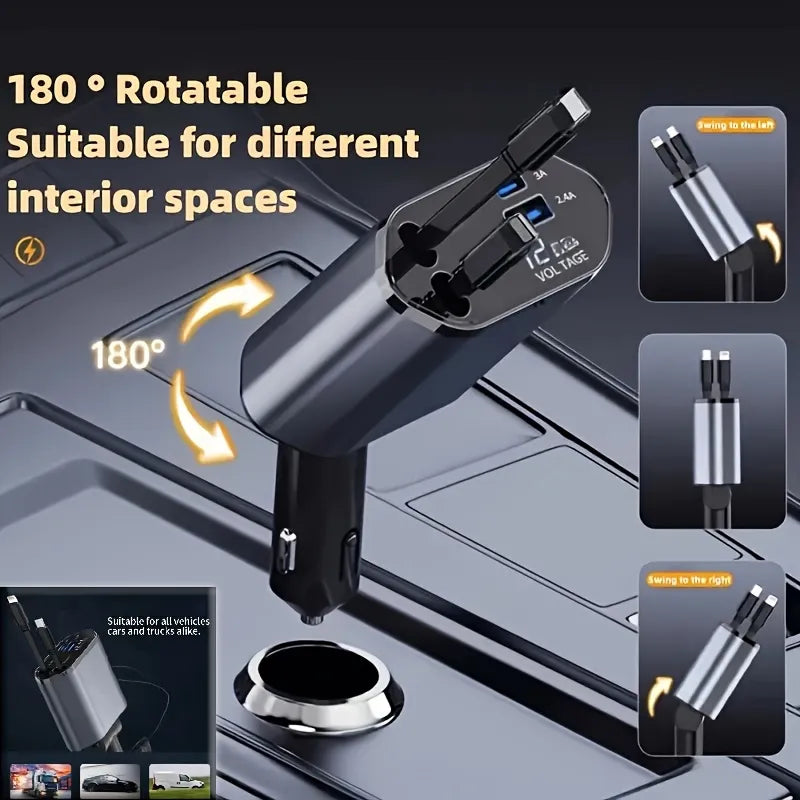 Retractable 4-in-1 Car Charger – Fast, Tidy & Travel-Ready