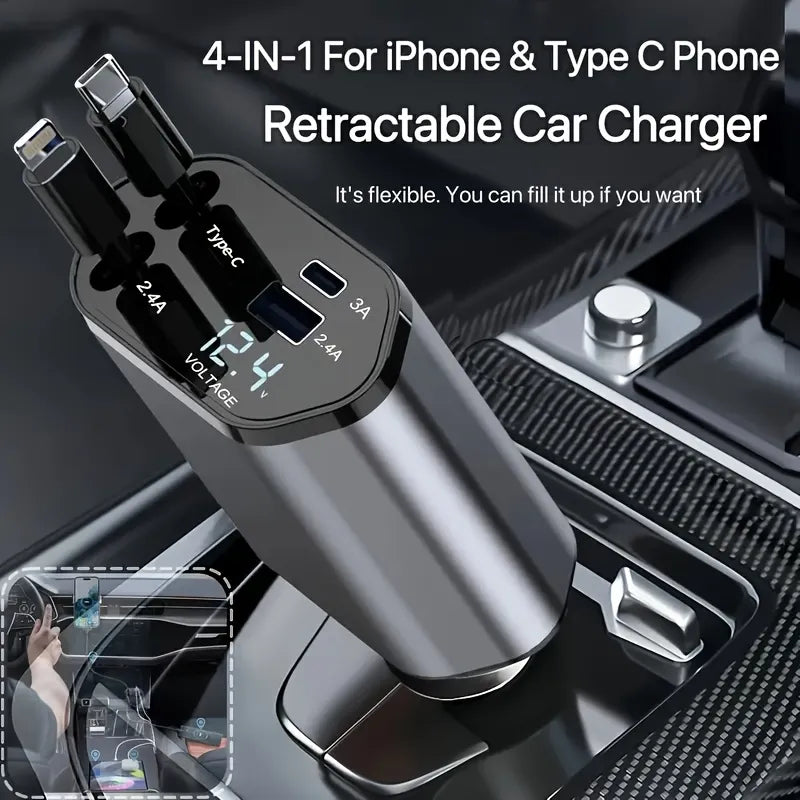 Retractable 4-in-1 Car Charger – Fast, Tidy & Travel-Ready