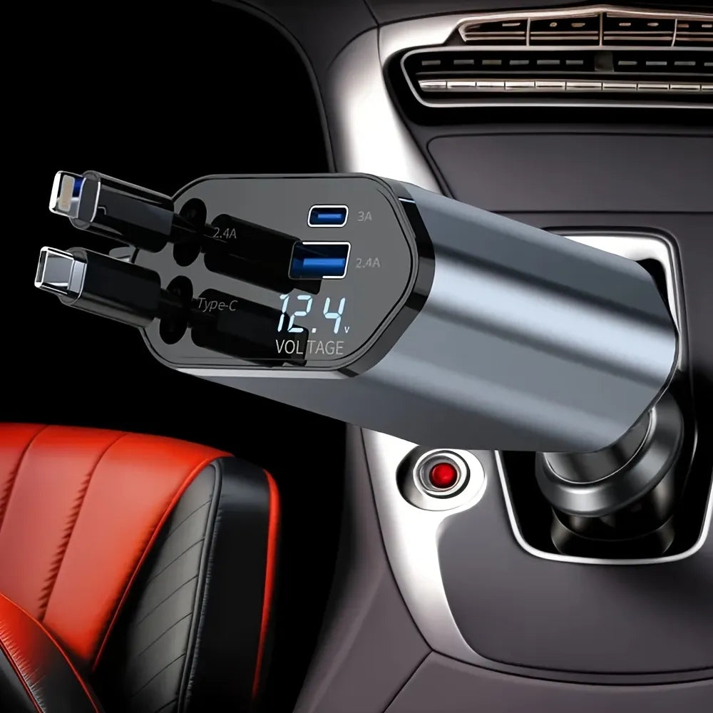 Retractable 4-in-1 Car Charger – Fast, Tidy & Travel-Ready