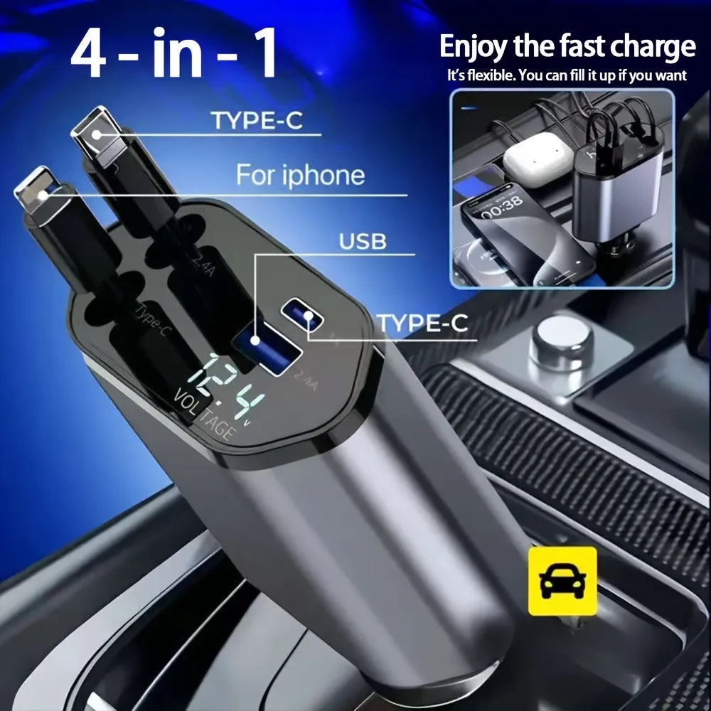 Retractable 4-in-1 Car Charger – Fast, Tidy & Travel-Ready