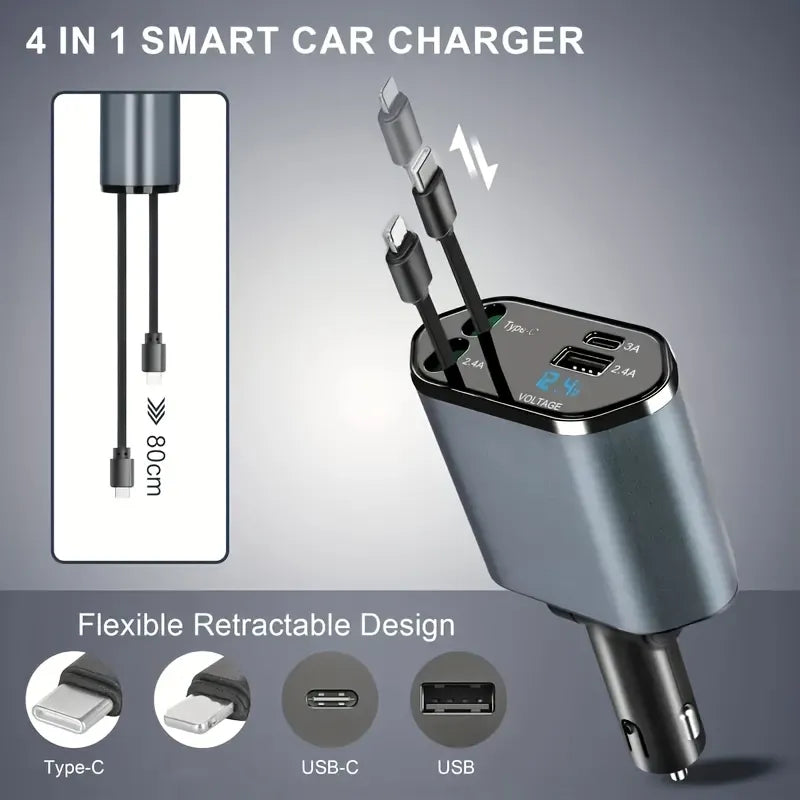 Retractable 4-in-1 Car Charger – Fast, Tidy & Travel-Ready