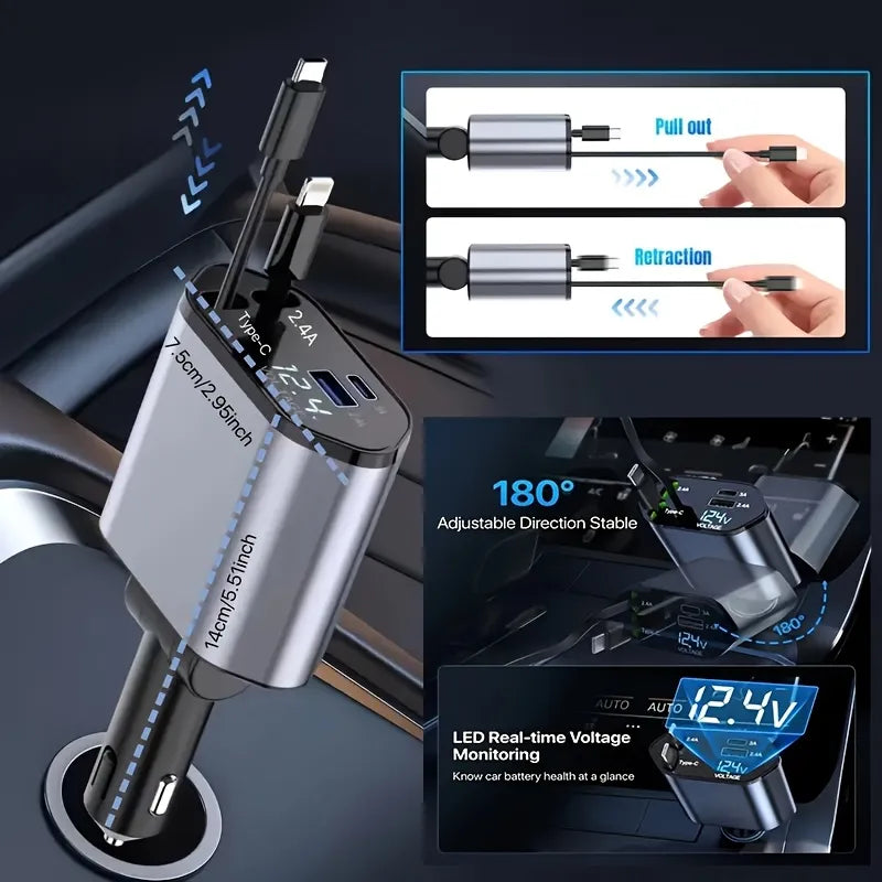 Retractable 4-in-1 Car Charger – Fast, Tidy & Travel-Ready