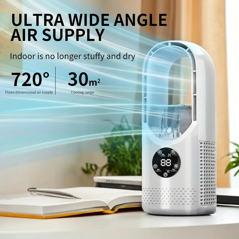 Bladeless Mini AC Fan – Quiet Cooling with Night Light