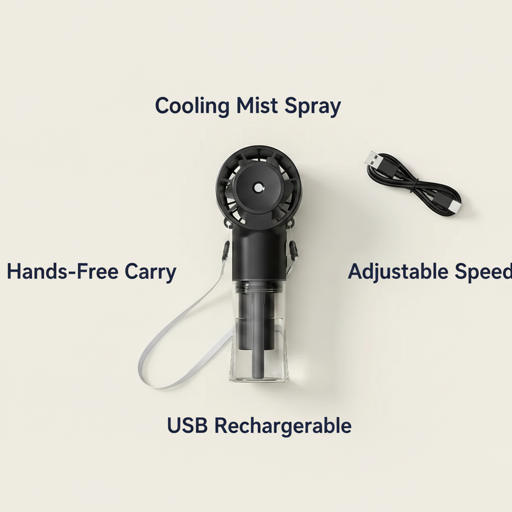 Rechargeable Spray Fan – Mist + Cooling On The Go