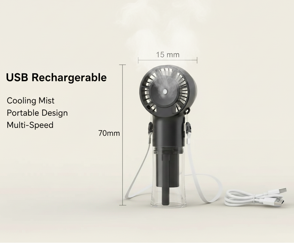 Rechargeable Spray Fan – Mist + Cooling On The Go