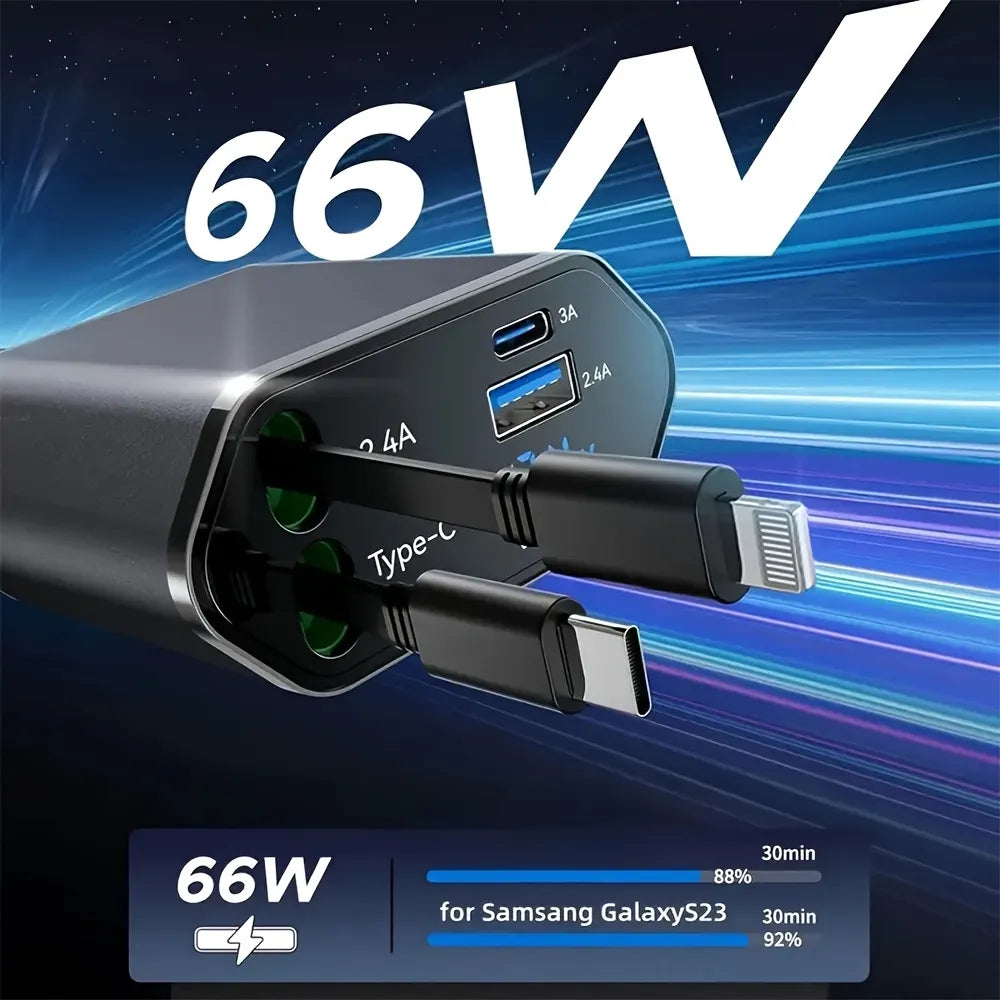 Retractable 4-in-1 Car Charger – Fast, Tidy & Travel-Ready